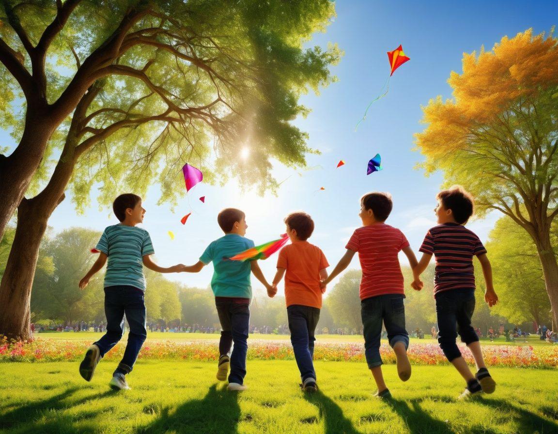 A joyful scene featuring a group of cheerful boys playing together in a sunny park, surrounded by vibrant green trees and colorful flowers. They are engaged in fun activities like flying kites, playing soccer, and laughing with one another, radiating happiness and friendship. The sunlight casts a warm glow, enhancing the cheerful atmosphere, with a light blue sky in the background. whimsical art style. bright colors. lively composition.