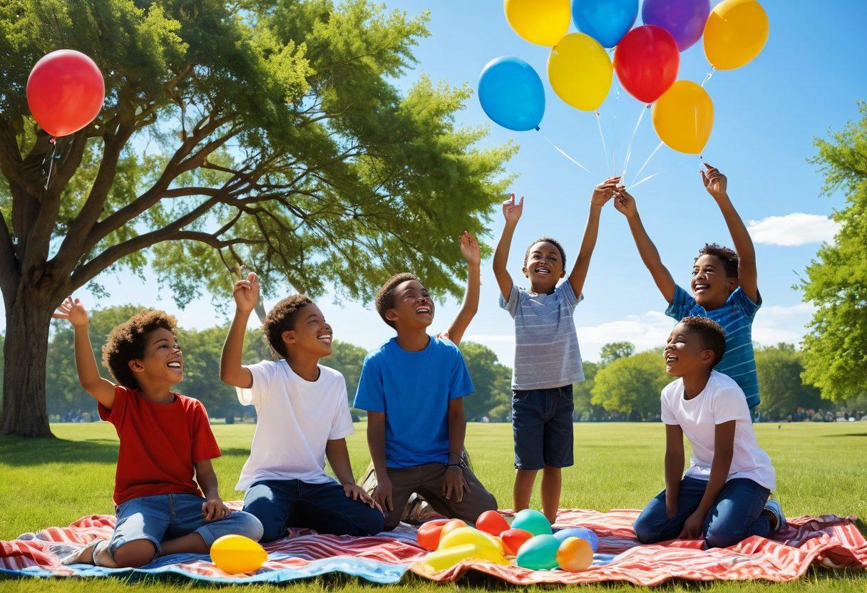 A vibrant scene featuring a diverse group of joyful boys of different ethnicities playing together outdoors, showcasing their laughter and carefree spirits. Surround them with colorful balloons, a bright blue sky, and a sun shining down, evoking a sense of happiness and camaraderie. Include playful elements like kites and a picnic blanket with snacks to emphasize celebration. super-realistic. vibrant colors. outdoor setting.