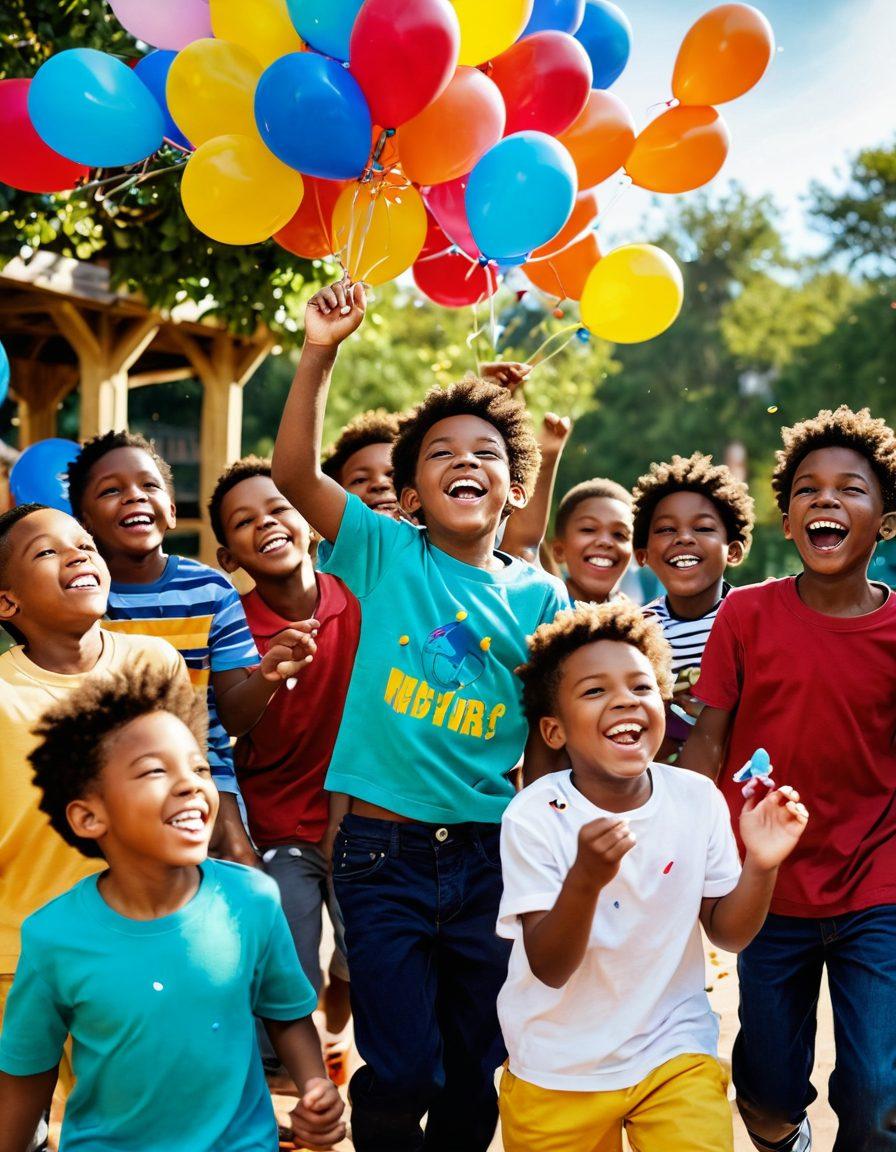 A joyful scene showcasing a diverse group of young boys exuberantly celebrating together in a colorful playground, with balloons and confetti swirling in the air. Their faces radiate happiness and excitement, surrounded by playful decorations and bright flowers. The sunlight casts a warm glow, enhancing the vibrant colors of their clothing and the cheerful environment. This image captures the essence of youthful joy and camaraderie. super-realistic. vibrant colors. cheerful atmosphere.